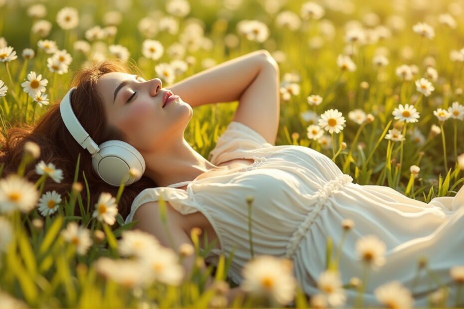 Relaxed woman meditating with headphones for a 5 minute mindfulness session