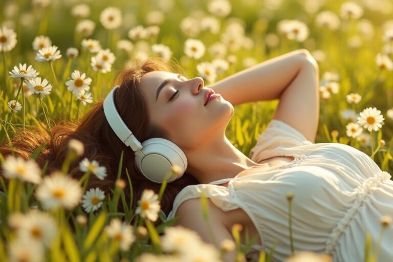 Relaxed woman meditating with headphones for a 5 minute mindfulness session