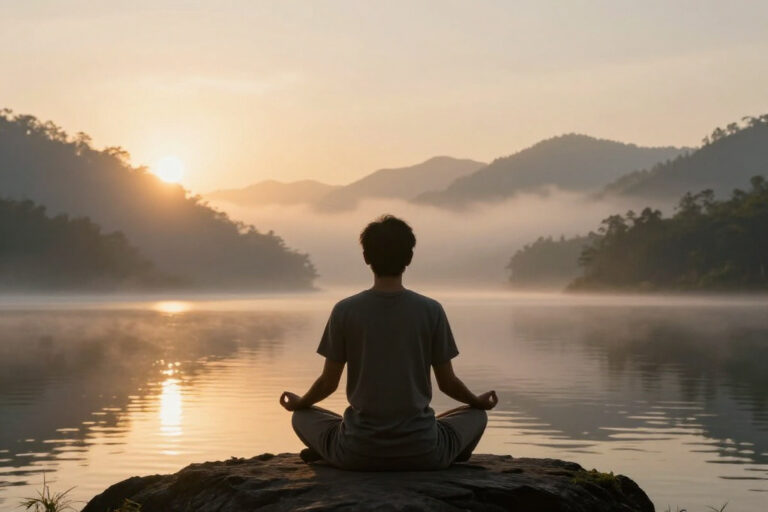 Peaceful lake scene for a 20 minute intermediate meditation practice